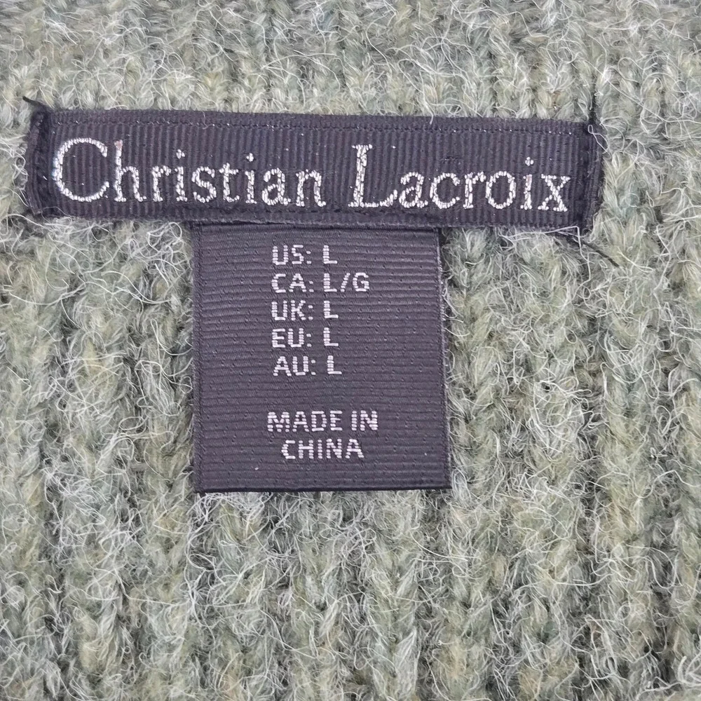 Christian Lacroix Womens Sage Green Ribbed Knit Cropped Cardigan‎ Sweater Large